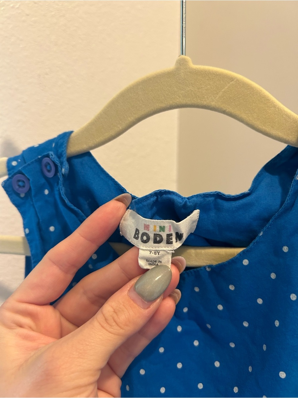 Mini Boden Kids' Dot Print Embellished Cutout Cotton Dress in Blue with Rainbow - Picture 3 of 8